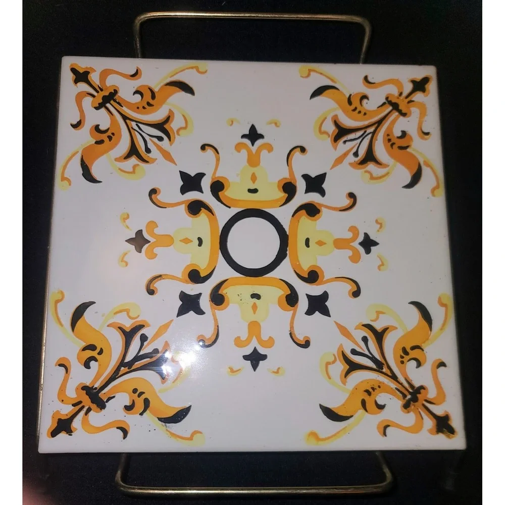 Vintage‎ Ceramic Tile Trivet Brass Frame Stand Made in Spain Hand Painted Floral